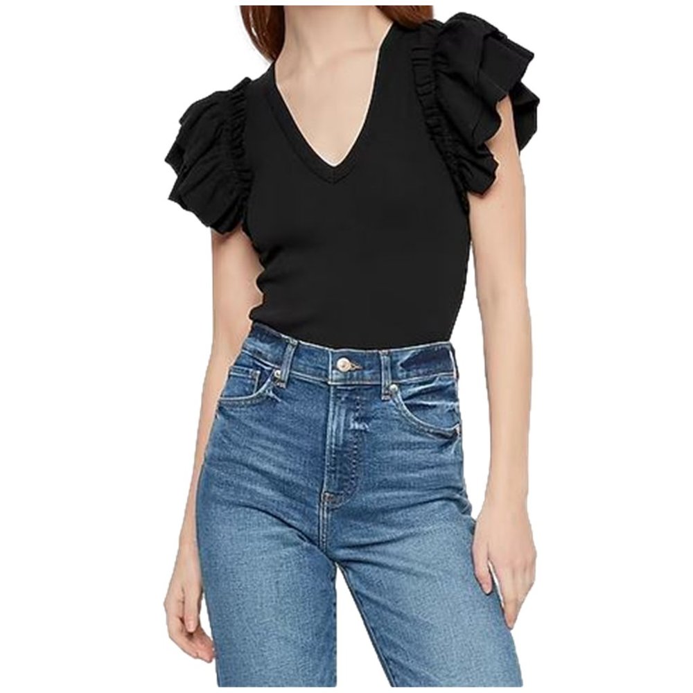 Ribbed V-Neck Ruffle Sleeve Bodysuit By Express